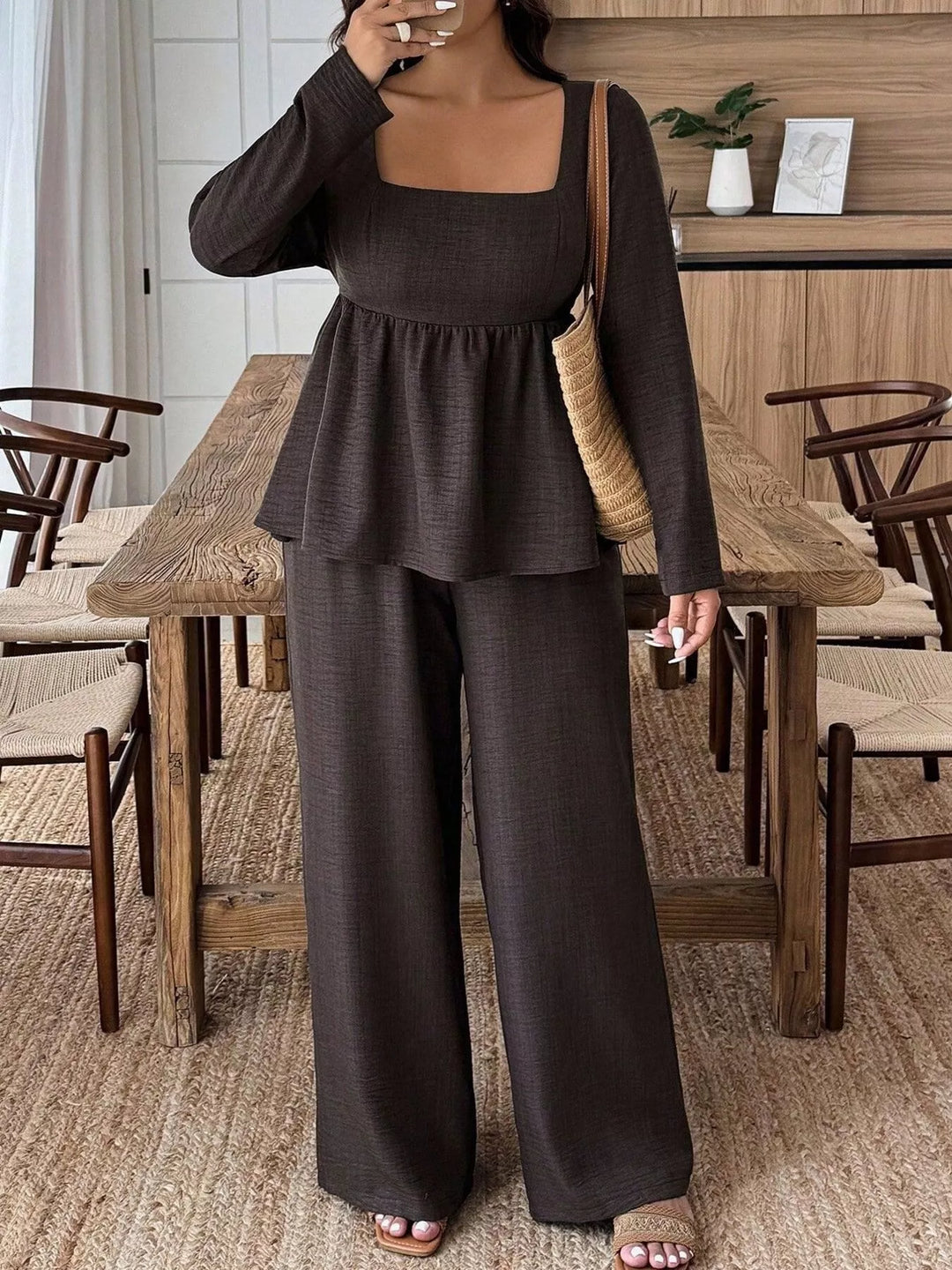 Plus Size Square Neck Long Sleeve Top and Pants Two-Piece Set