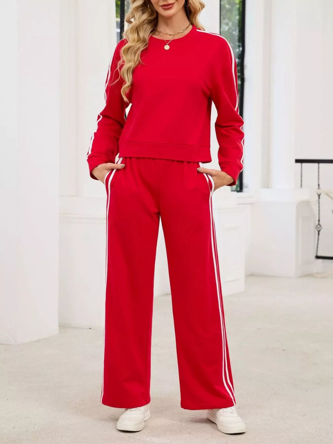 Striped Round Neck Sweatshirt and Pants Set