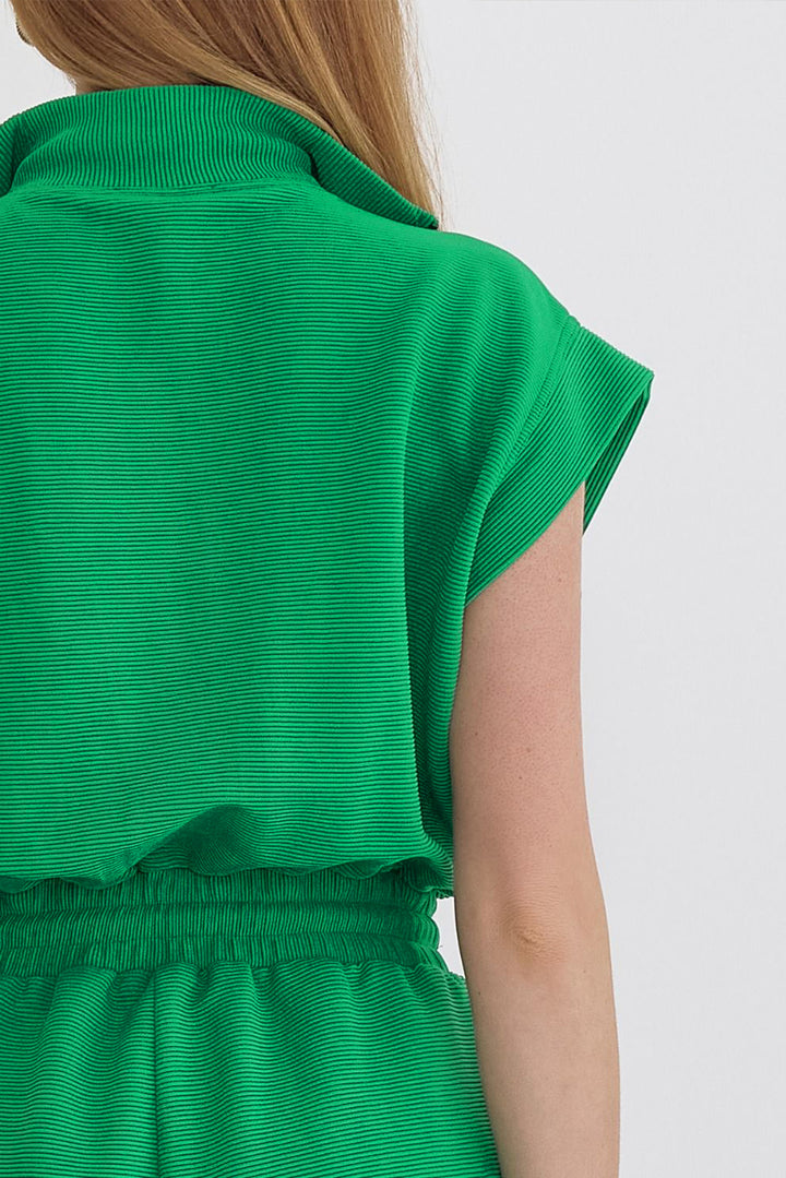 Bright Green Textured Short Sleeve Half Zip Drawstring Waist Romper