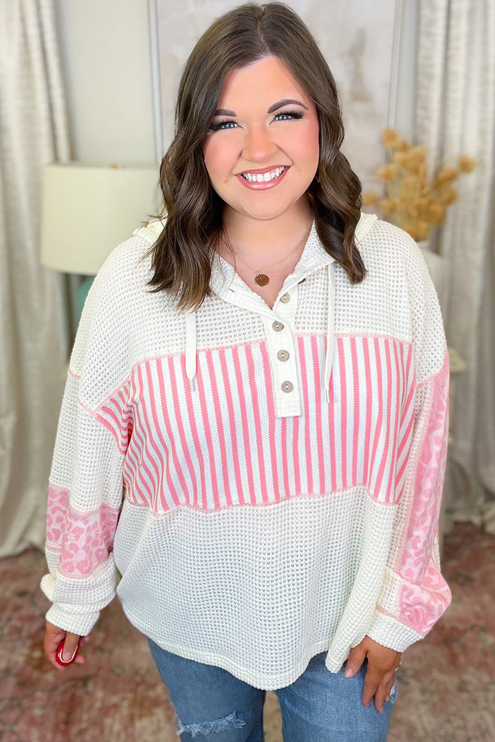 Pink Stripe Leopard Patchwork Waffle Knit Buttoned Plus Size Hoodie