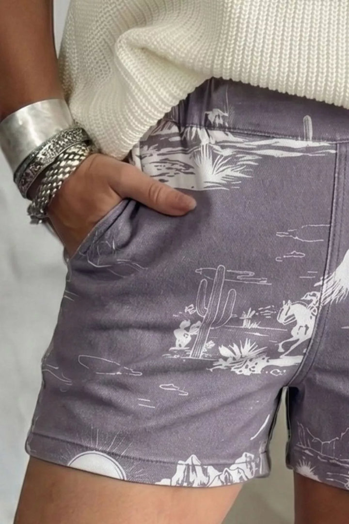 Printed Denim Shorts