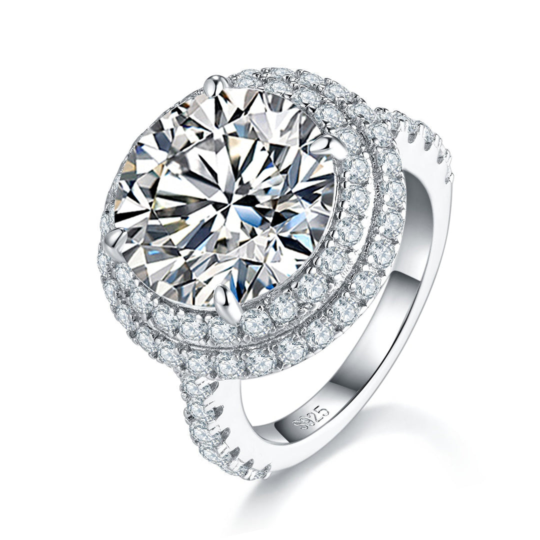 S925 Sterling Silver 8ct Moissanite Ring, 13mm D-VVS1 Double Halo Pave Band, Platinum Plated US Sizes 5-9 GRA Gift Box