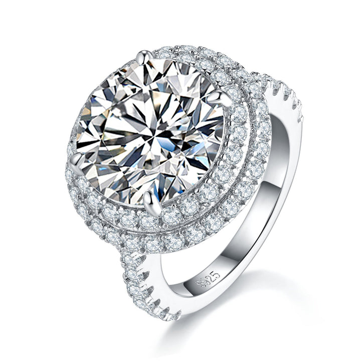 S925 Sterling Silver 8ct Moissanite Ring, 13mm D-VVS1 Double Halo Pave Band, Platinum Plated US Sizes 5-9 GRA Gift Box