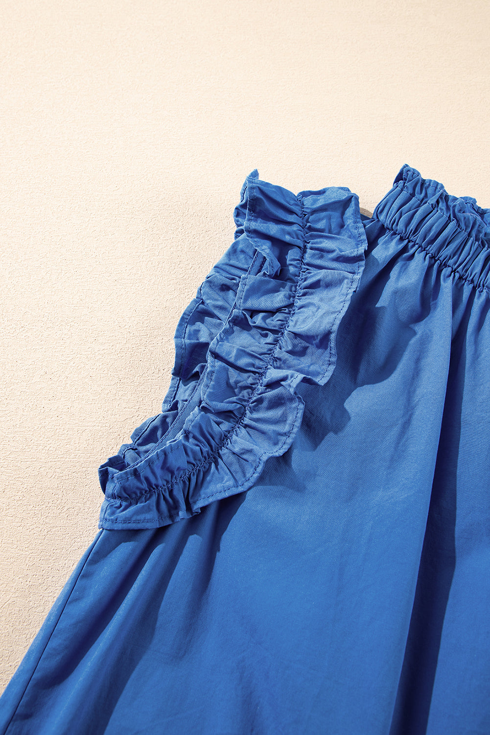 Sky Blue Frilled Neck Ruffled Armholes Buttoned Back Tank Top