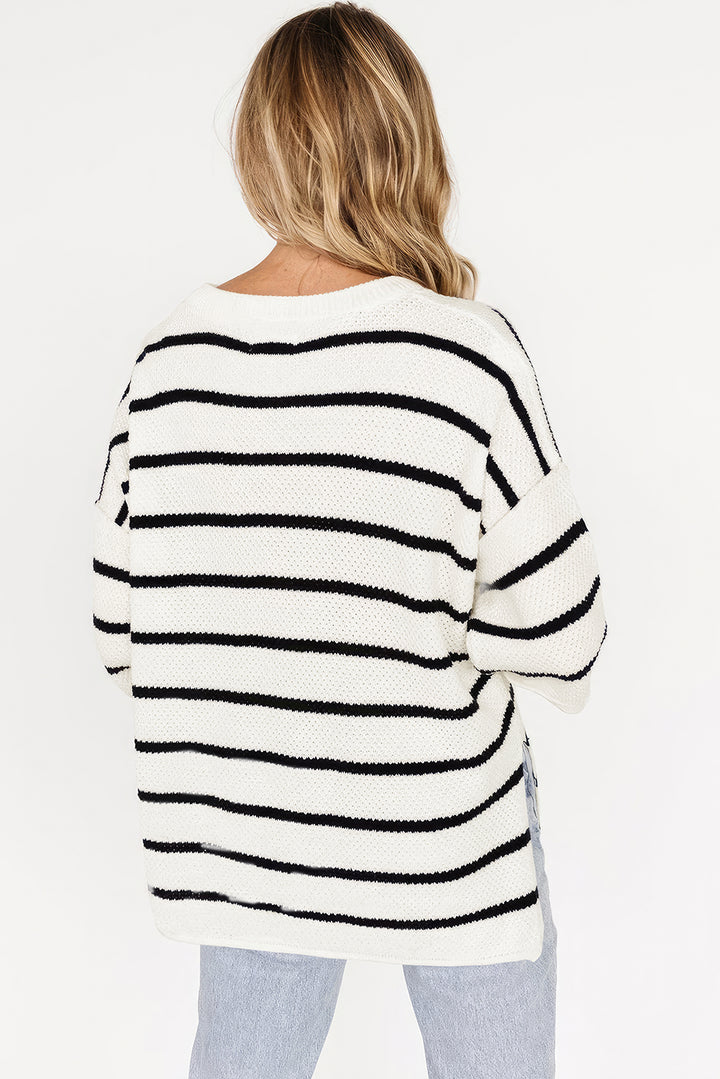 White Stripe Henley Buttoned Placket Drop Shoulder Bracelet Sleeve Knit Sweater Tee