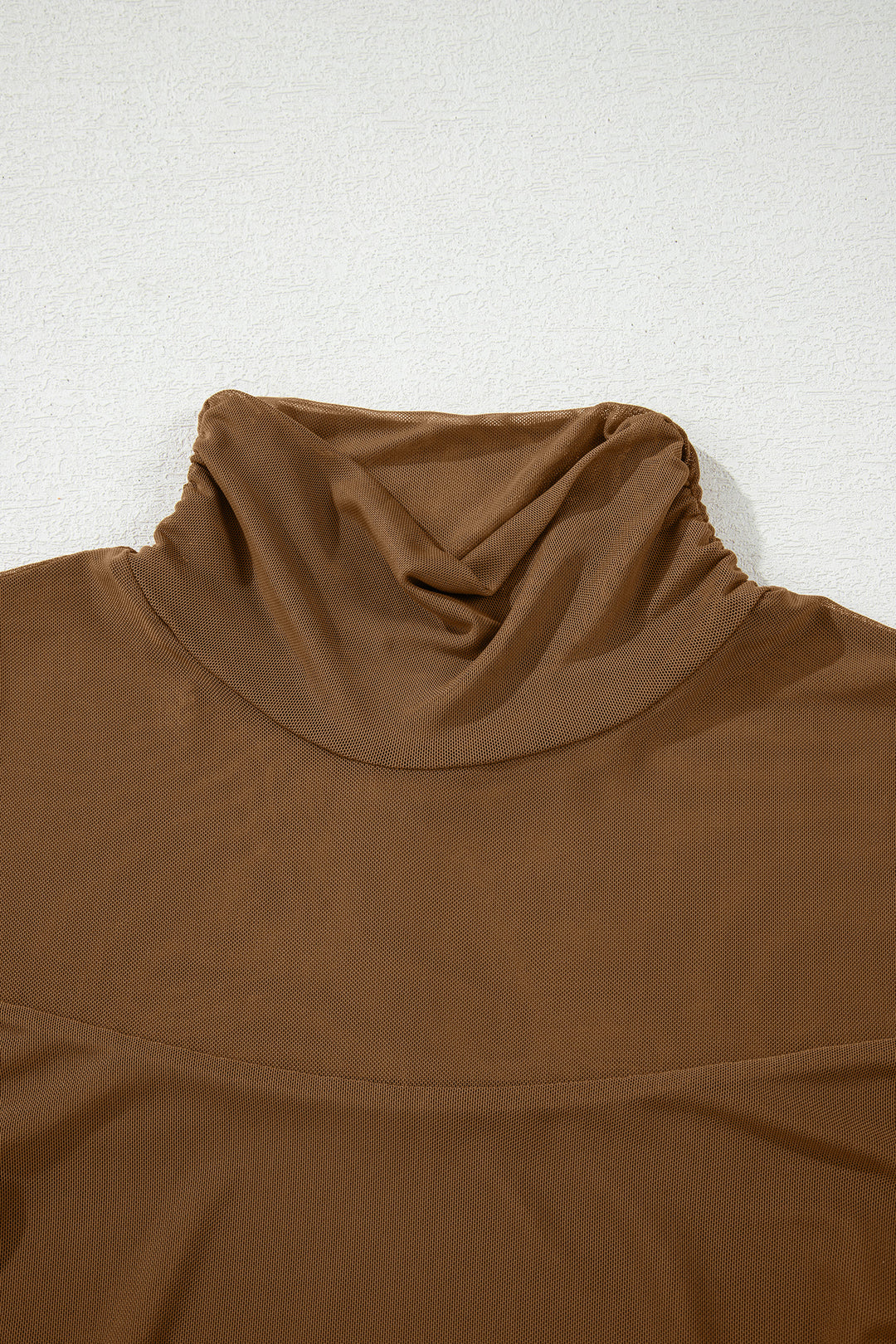 Coffee Sheer Mesh Patchwork High Neck Long Sleeve Top