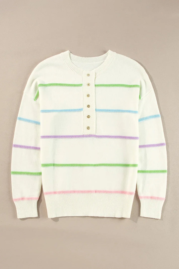 Contrast Striped Half Button Round Neck Sweater
