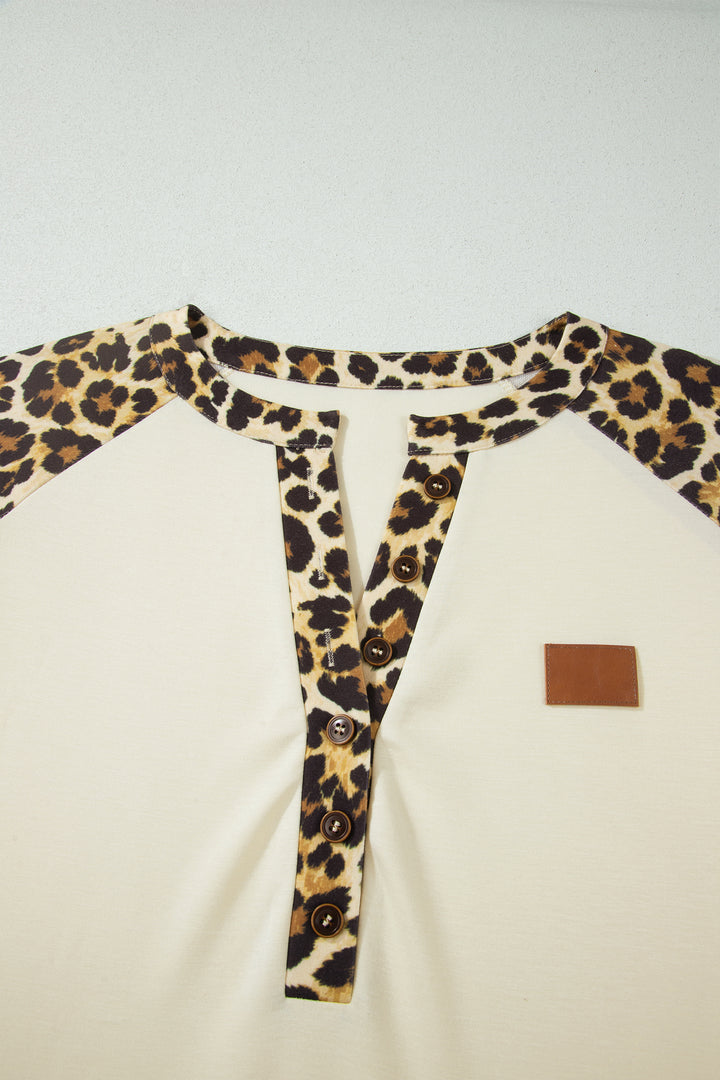 Beige Plus Size Leopard Contrast Patchwork Polo Tee