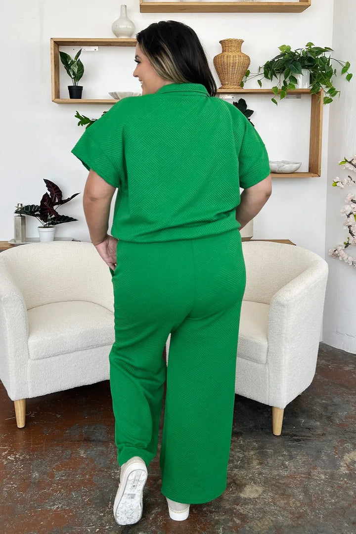 Double Take Full Size Texture Half Zip Short Sleeve Top and Pants Set