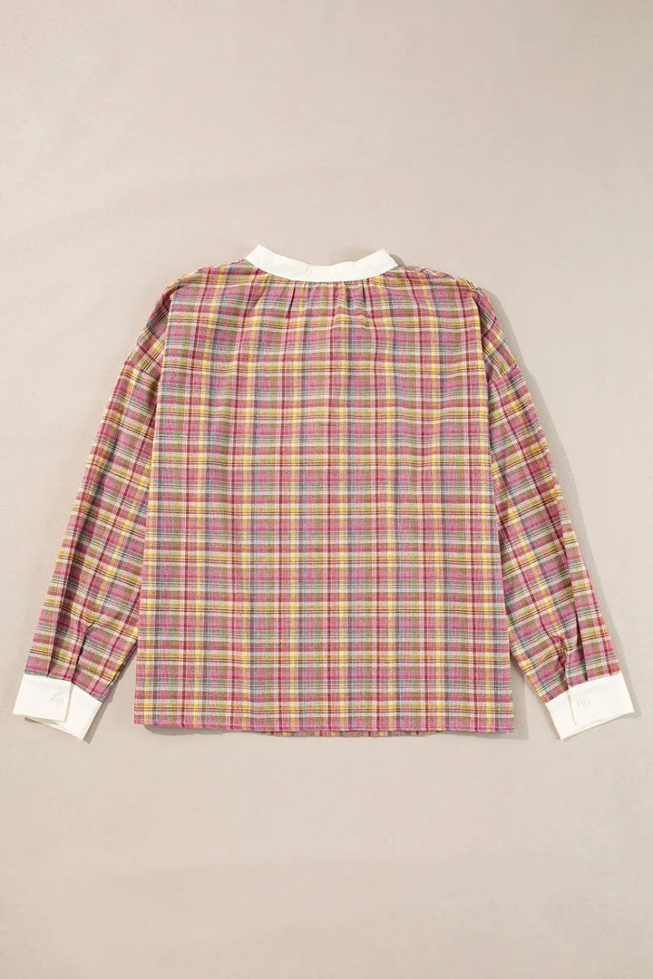 Mulit-Color Plaid Round Neck Long Sleeve Blouse