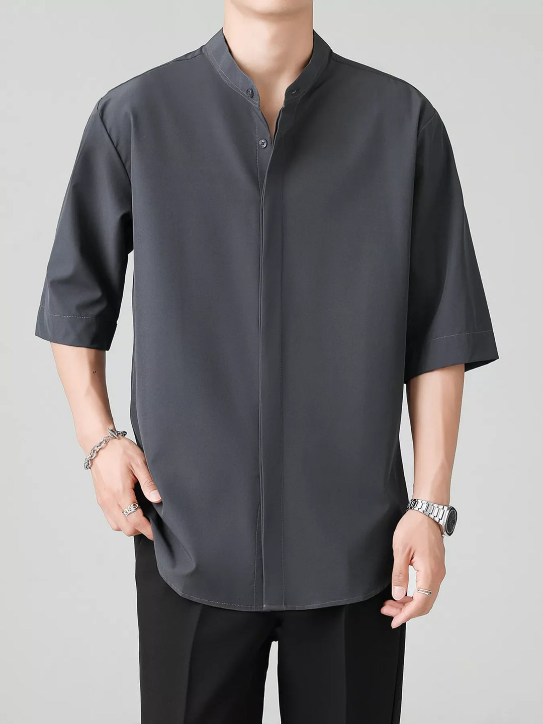 Men's Full Size Casual Mandarin Collar Half Sleeve Shirt Plus Size