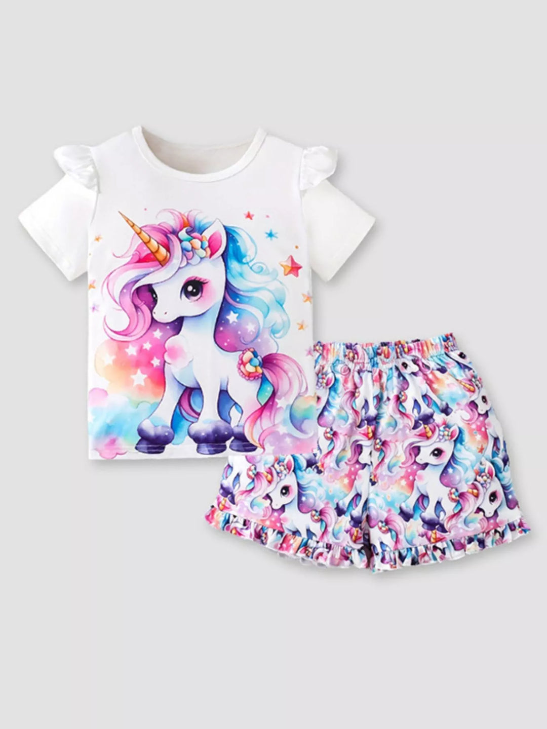 Children's Unicorn Print Ruffle Sleeve Top and Shorts Set