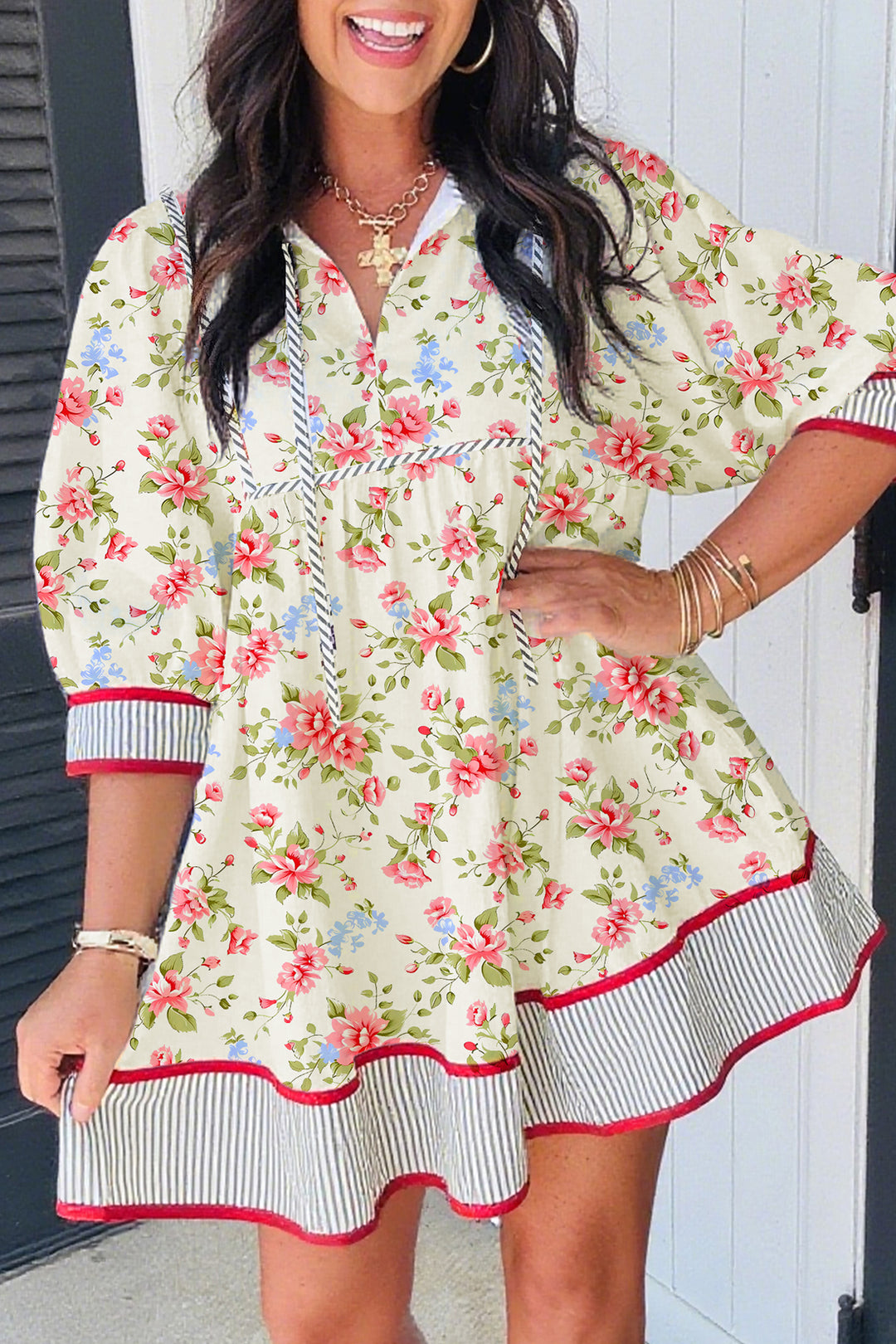 Apricot Striped Edge 3/4 Puff Sleeve Floral Dress