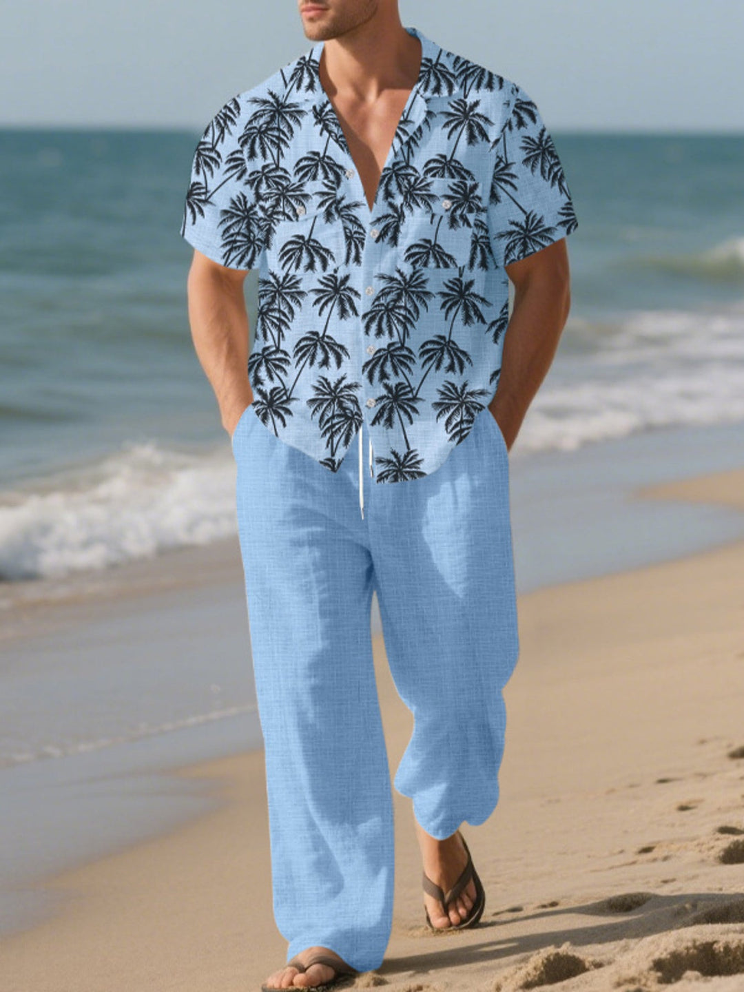 Men's Full Size Tropical Palm Print Button Up Shirt and Pants Set Plus Size