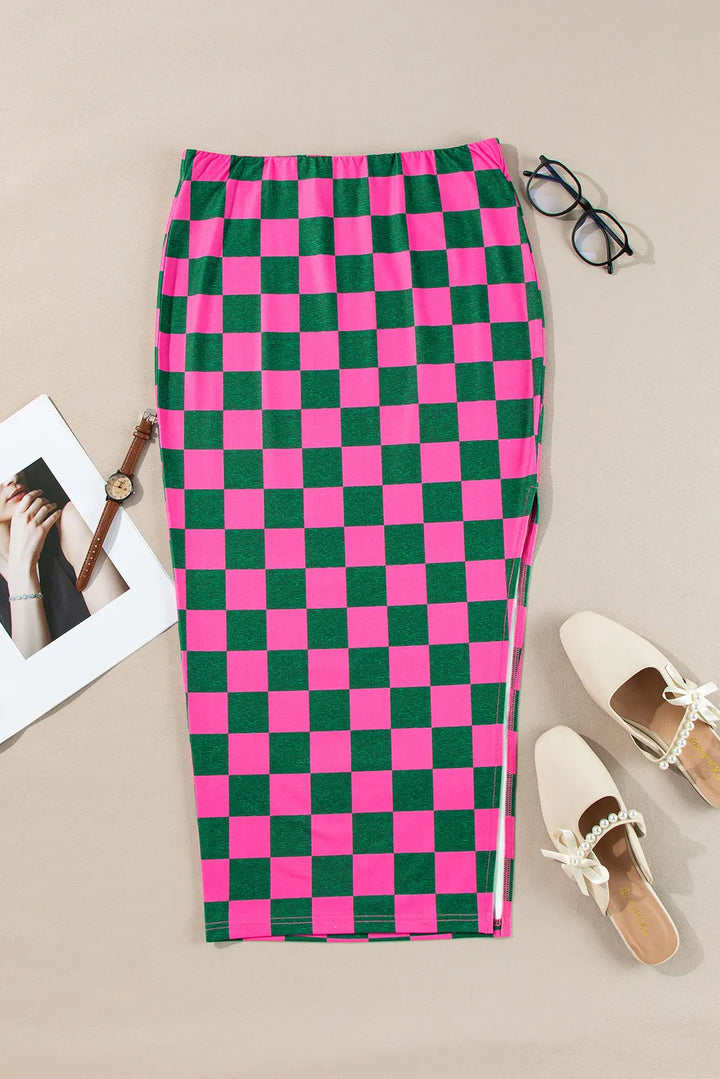 FASHION JUNKY Split Checkered Midi Skirt