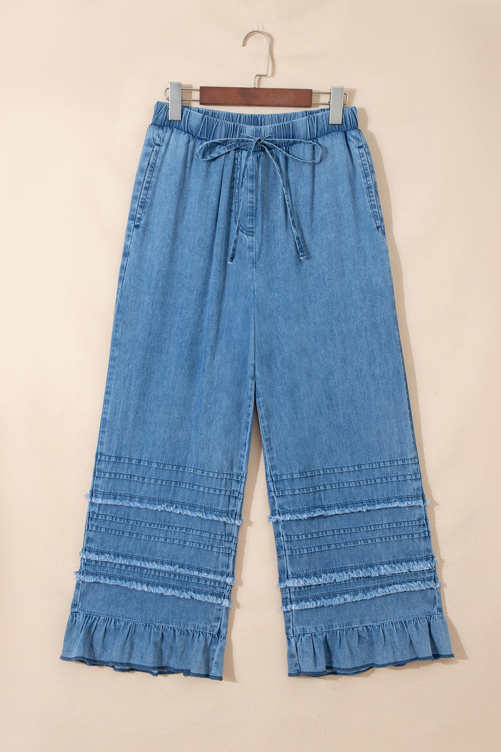 Dusk Blue Ruffled Hem Wide Leg Chambray Pants