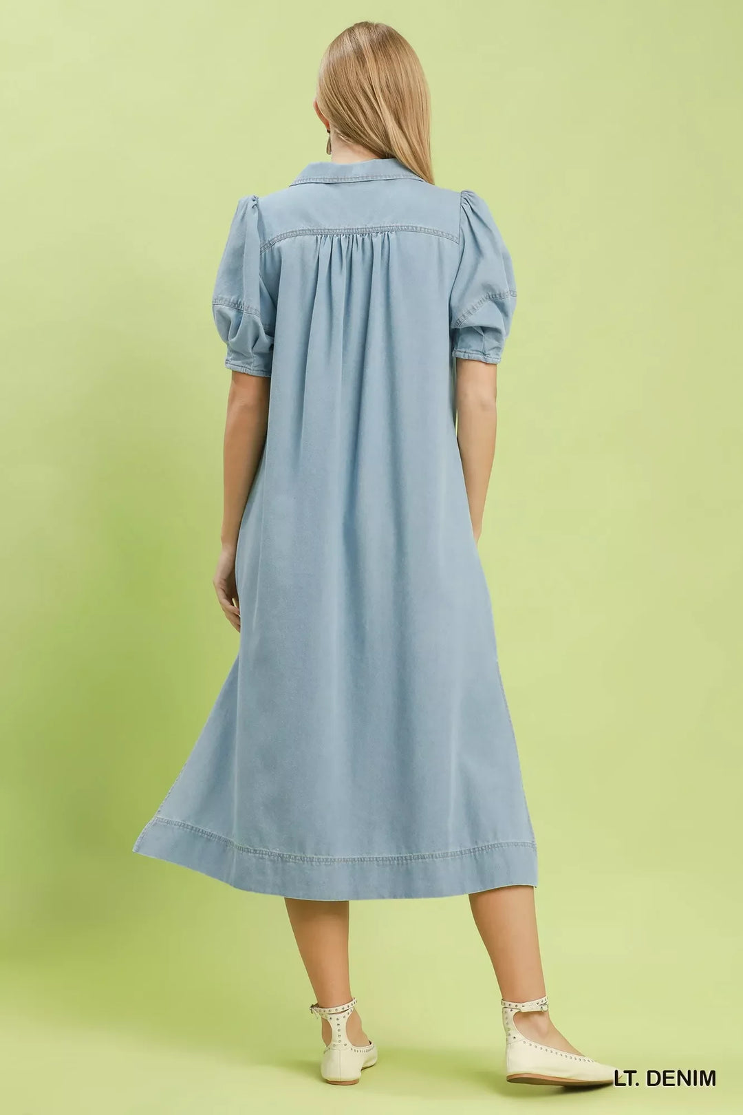 Umgee Chambray Collared Puff Sleeve Dress