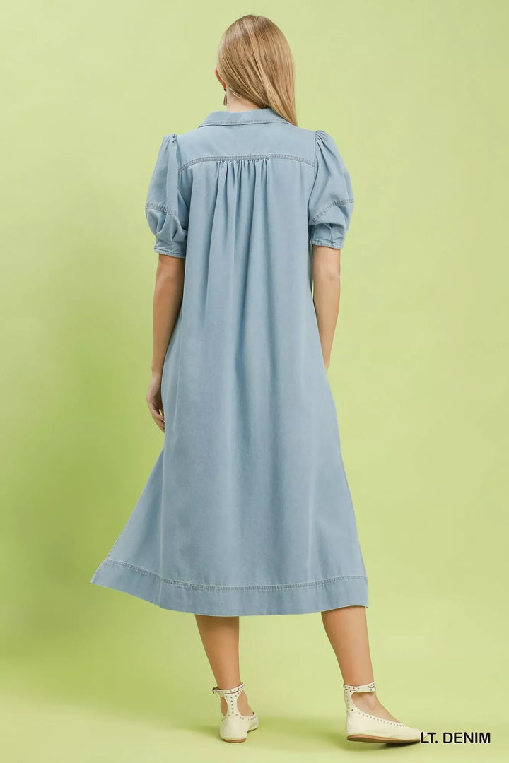 Umgee Chambray Collared Puff Sleeve Dress