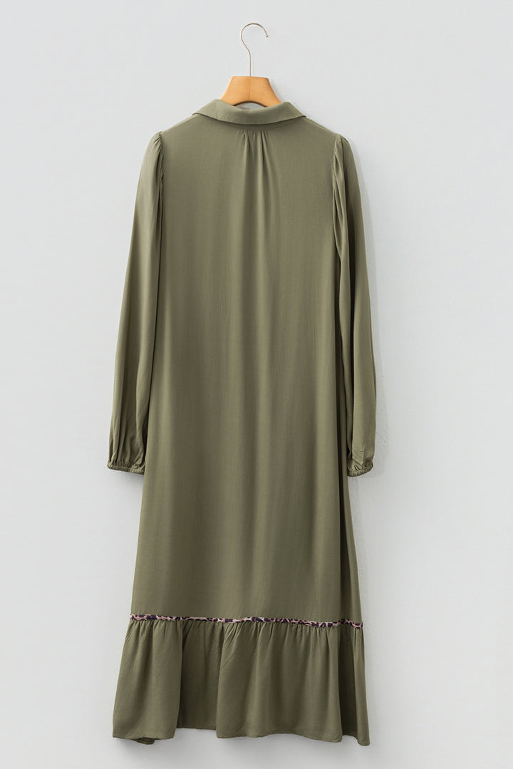 Four Leaf Clover Collared V Neck Smocked Detail Contrast Leopard Trim Bracelet Sleeve Long Dress