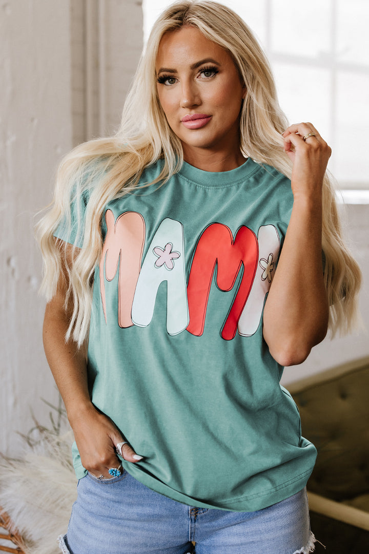 T-shirt ras du cou imprimé vert mer MAMA délavé minéral