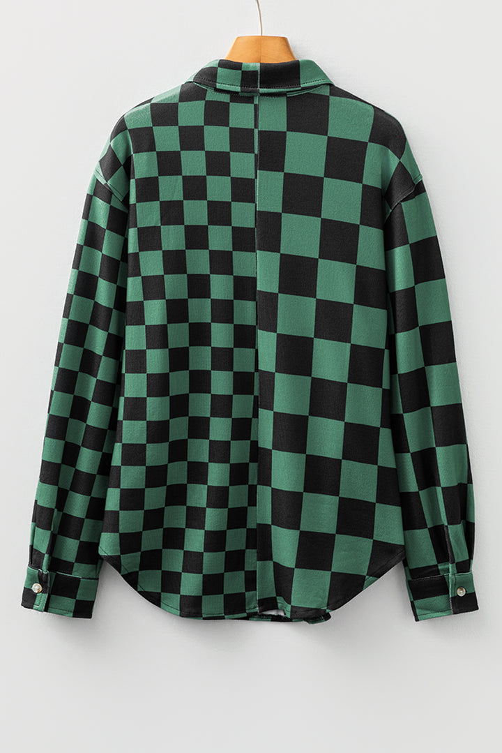 Green Checkerboard Flap Pocket Button Front Shacket