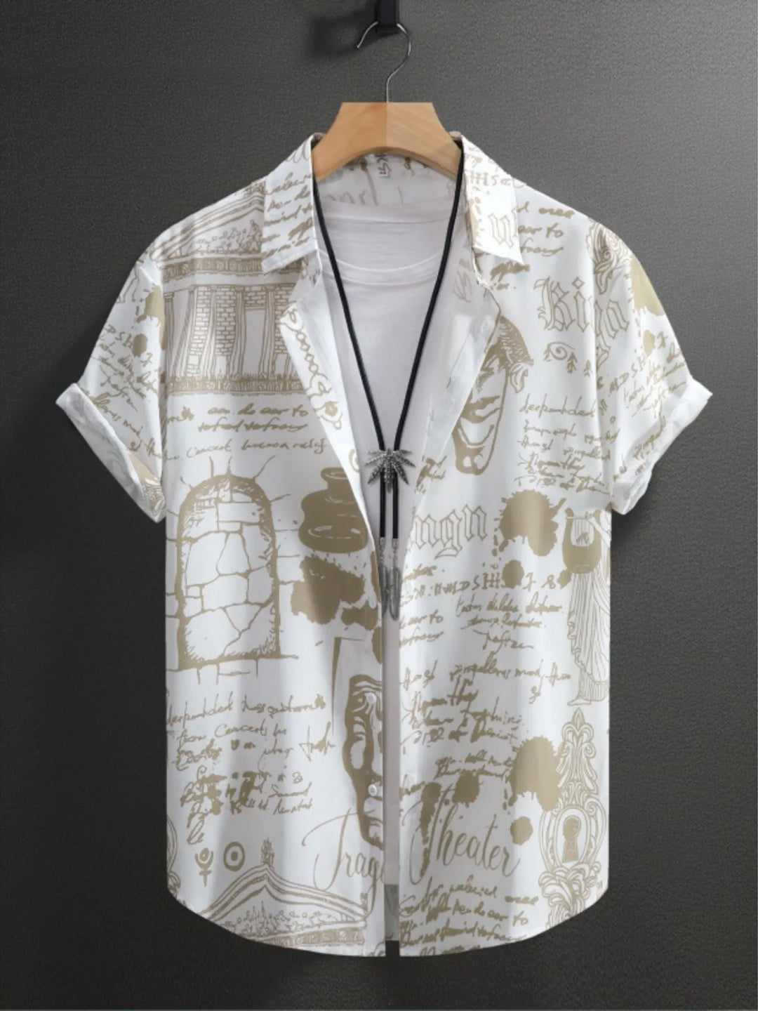 Men's Vintage Art Print Short Sleeve Button-Up Shirt