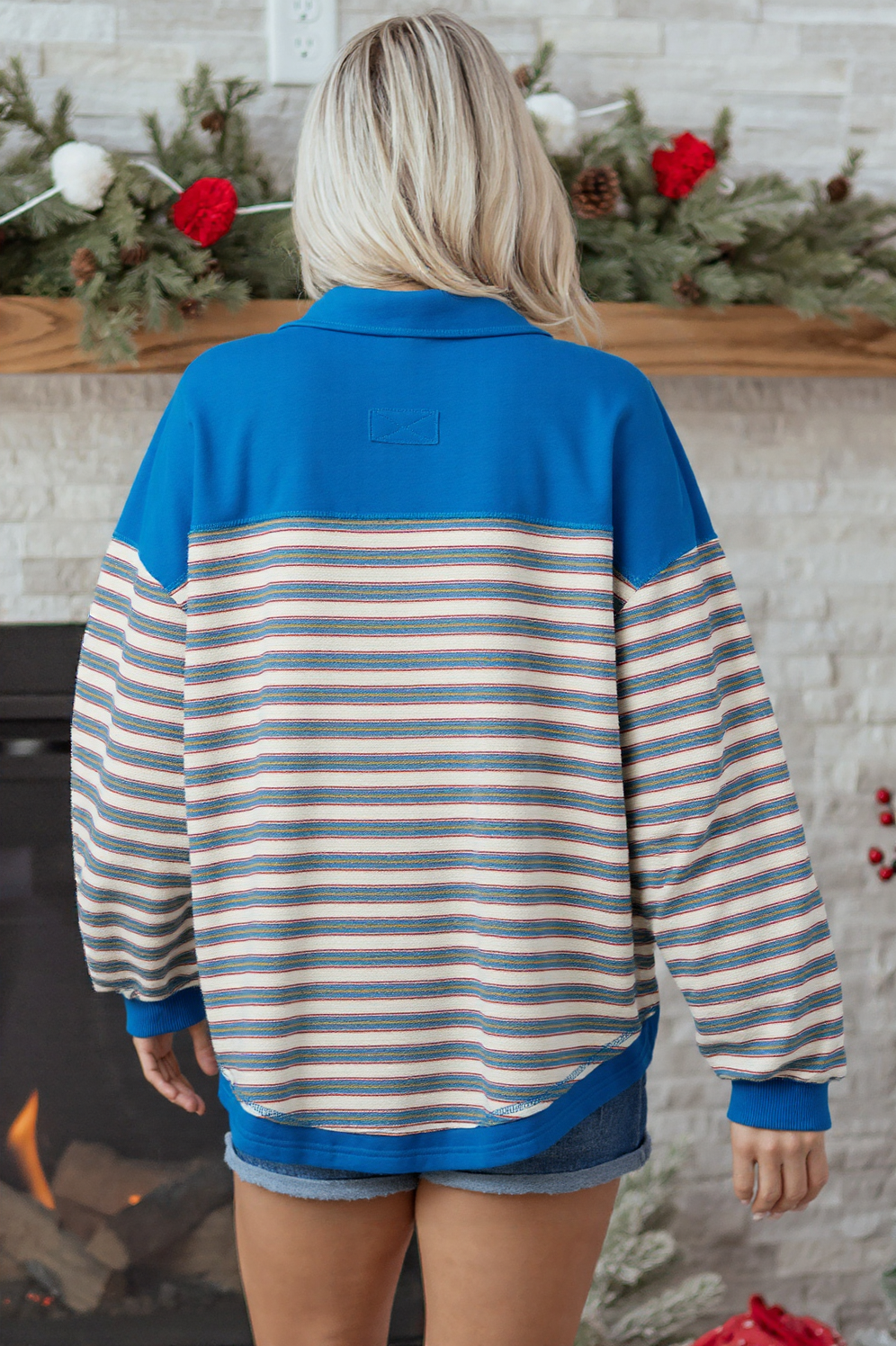 Blue Stripe Buttoned V Neck Collared Drop Shoulder Top