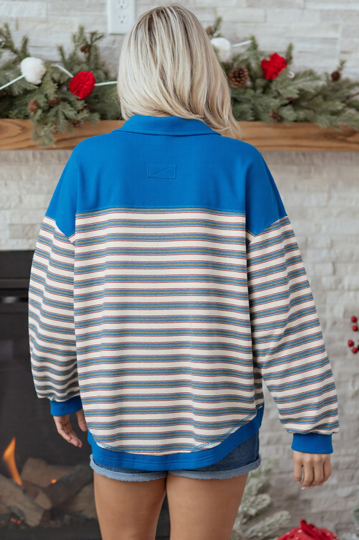 Blue Stripe Buttoned V Neck Collared Drop Shoulder Top