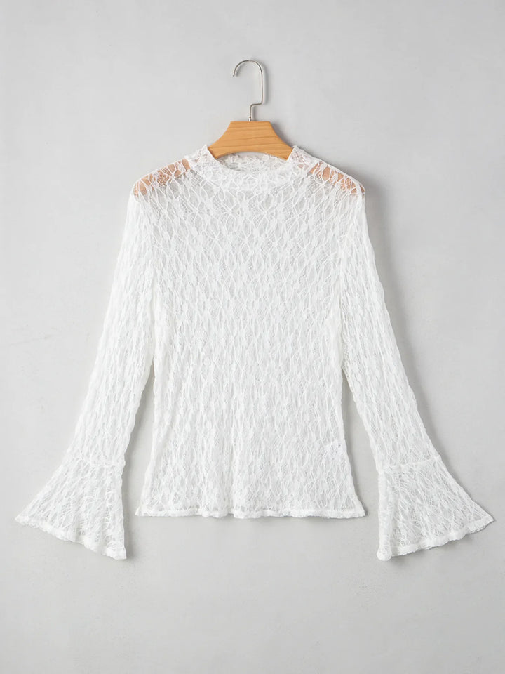 Sheer Lace Bell Sleeve Mock Neck Blouse