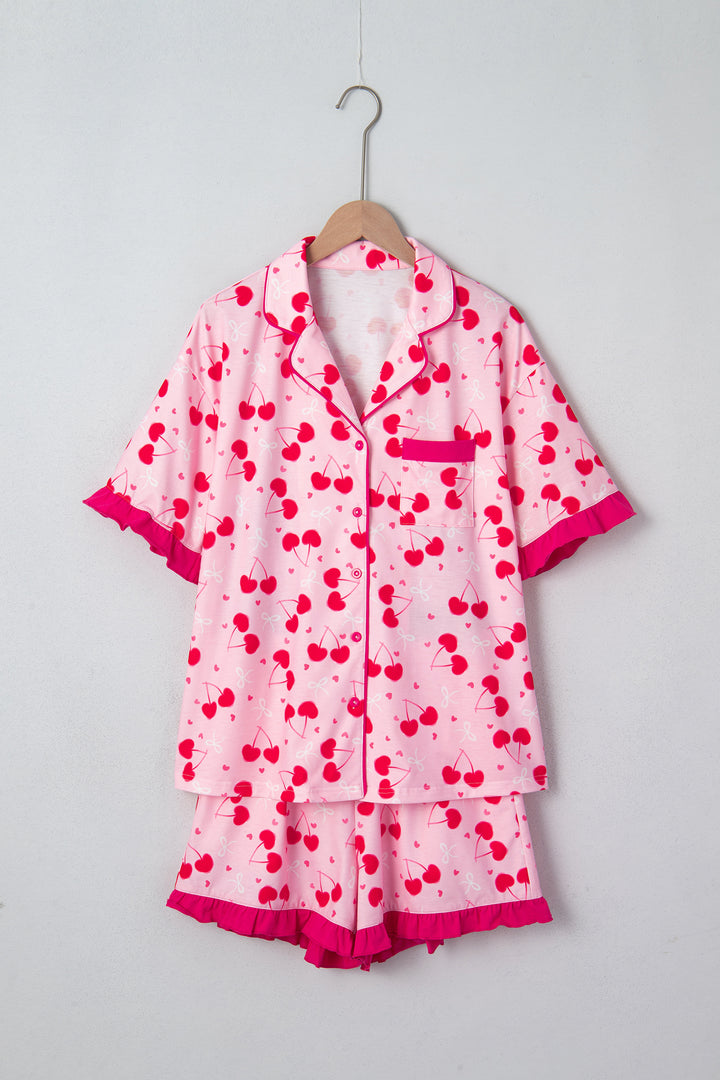 Rose Cherry Bow Mixed Print Scalloped Edge Short Pajama Set