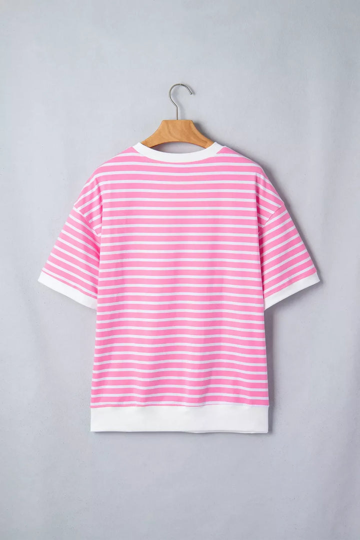 Stripe Round Neck Drop Shoulder Short Sleeve Loose Top