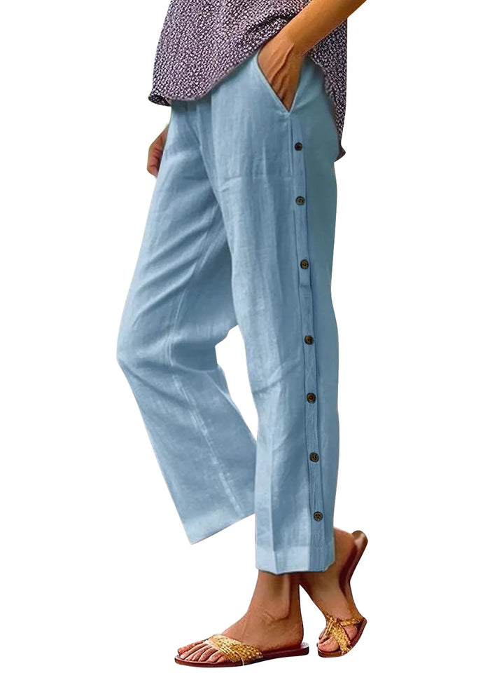 Full Size Side Decor Button Casual Wide Leg Pants Plus Size