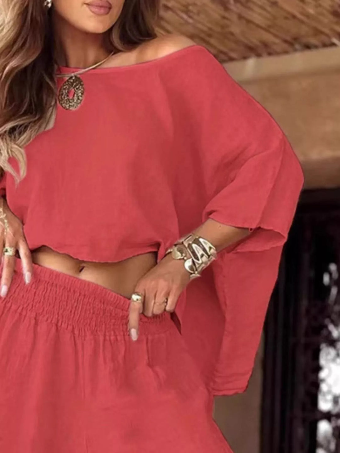 Full Size Boat Neck Top and Wide Leg Pants Set Plus Size