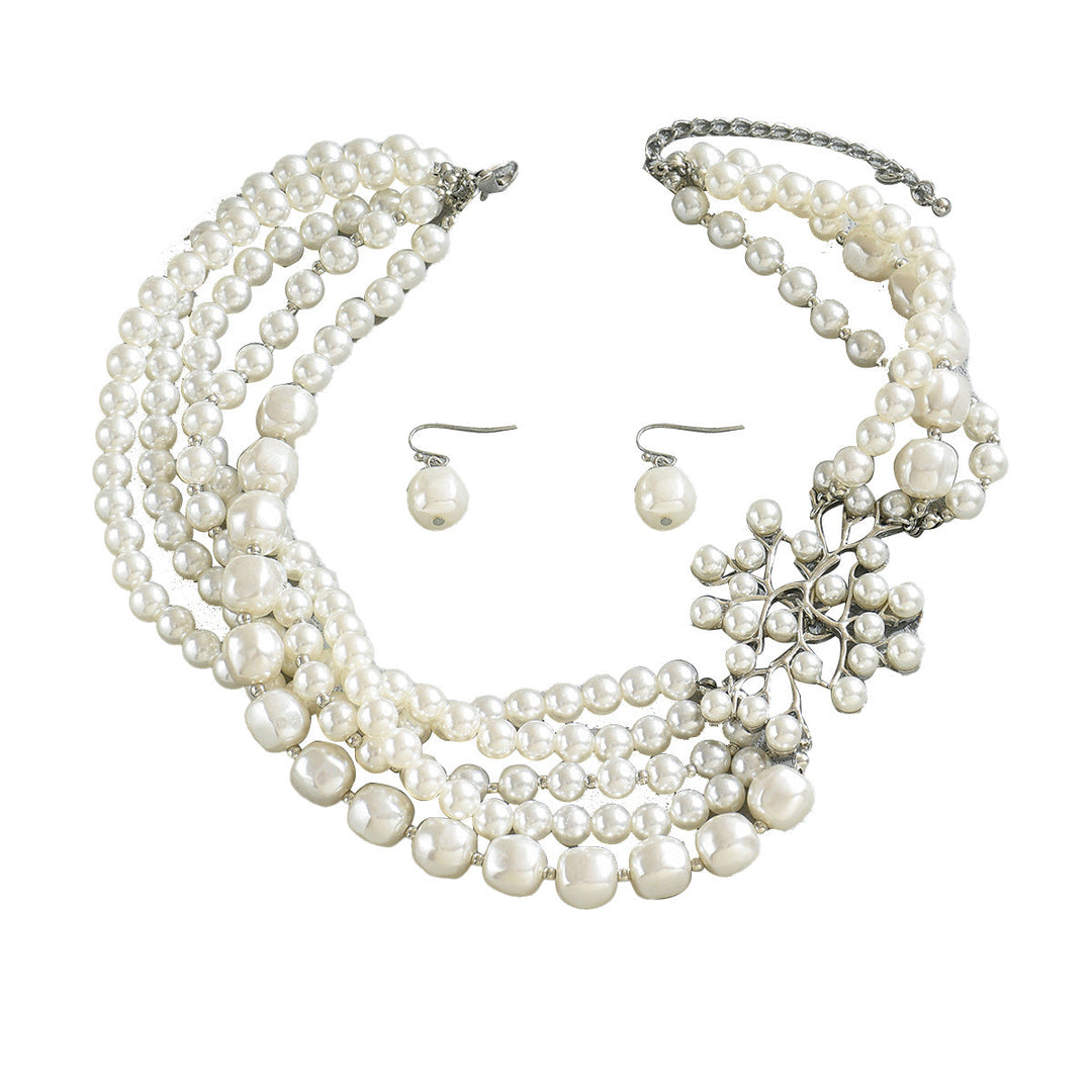 Stylish European American Geometric Women Jewelry Set, Unique Design With Strung Faux Pearls, Versatile Elegant Matching Necklace And Stud Earrings For Daily Wear