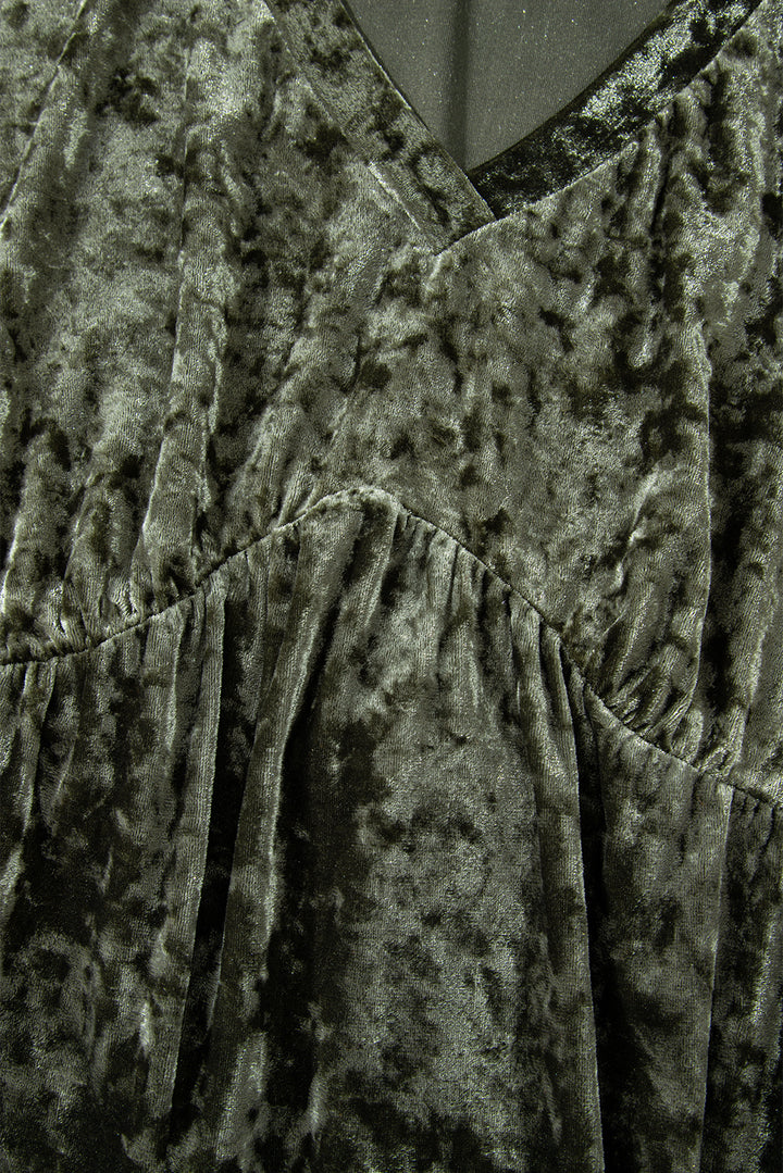 Jungle Green Plus Size Velvet Babydoll Mini Dress with Puff Sleeve