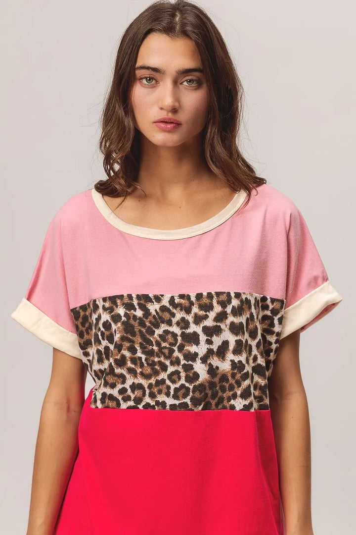 BiBi Leopard Printed Jersey  Color Block Roll Up