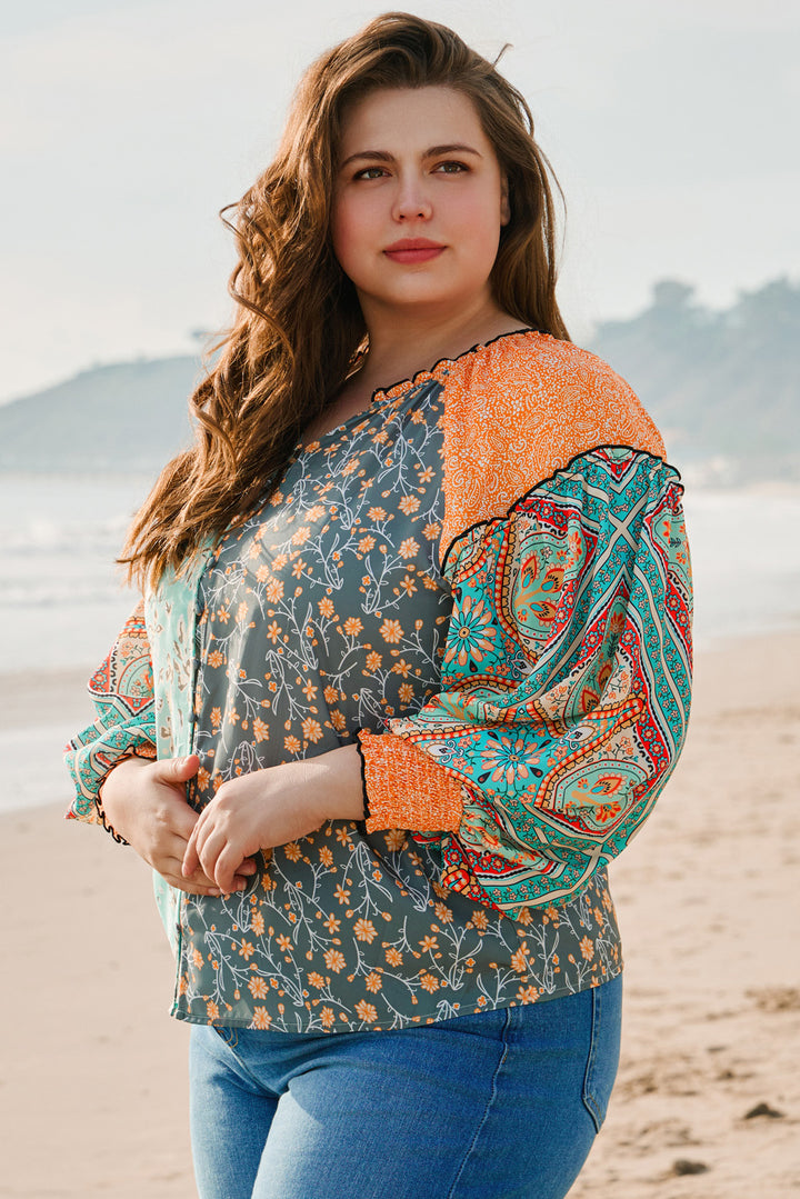 Chemisier vert à manches lanternes et col en V boutonné, motif patchwork floral, grande taille