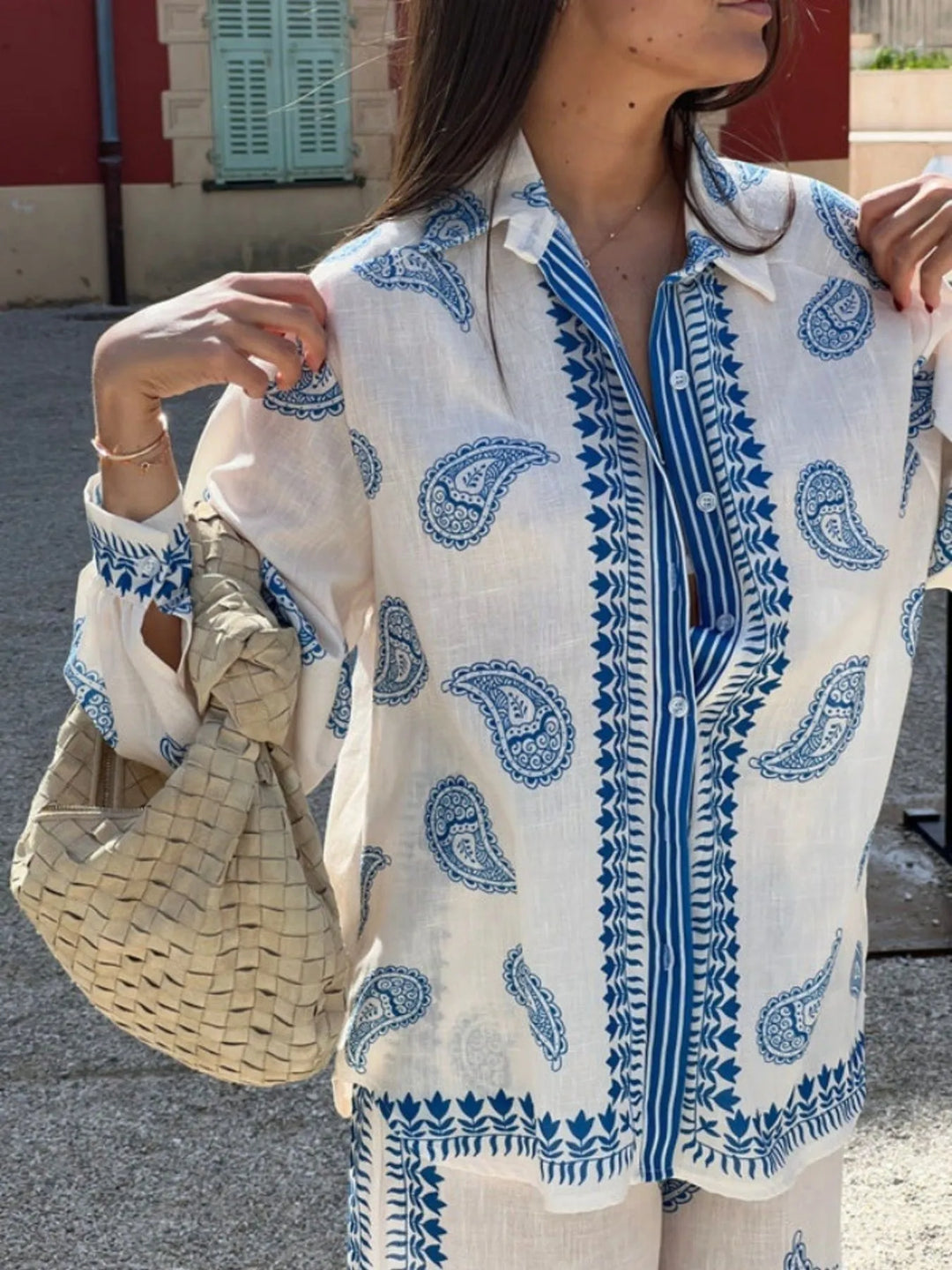 Button Up Printed Shirt and Pants Set