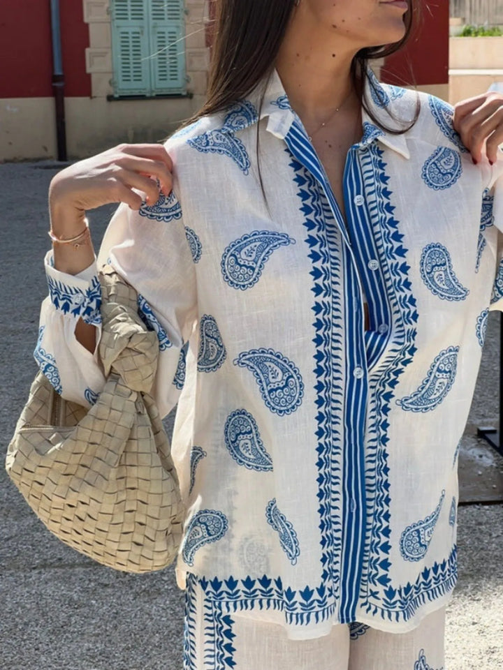 Button Up Printed Shirt and Pants Set