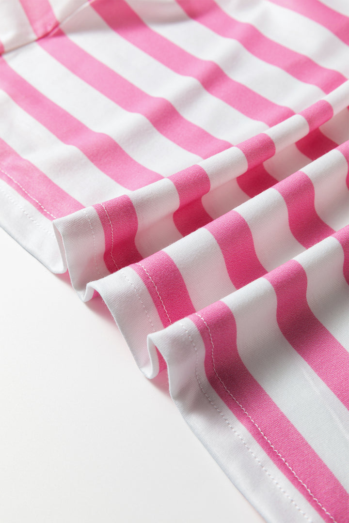 Pink Stripe V Neck Patched Pocket Casual T Shirt