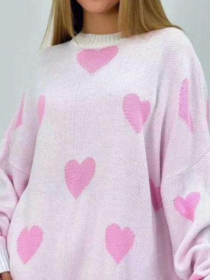 Heart Round Neck Oversized Knit Sweater