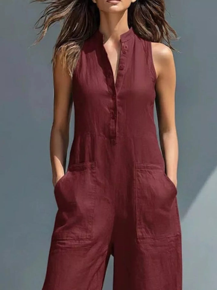 Full Size Button Front Sleeveless Jumpsuit Plus Size