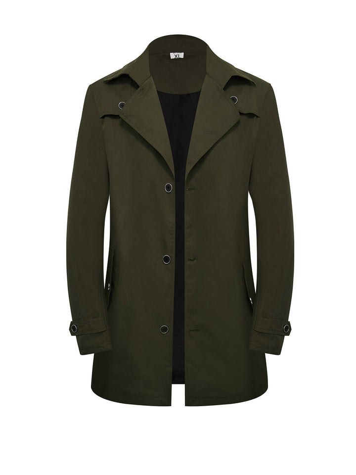 Men's Mid-Length Trench Coat - European American Style Solid Color Single-Breasted Casual Jacket for Daily Wear