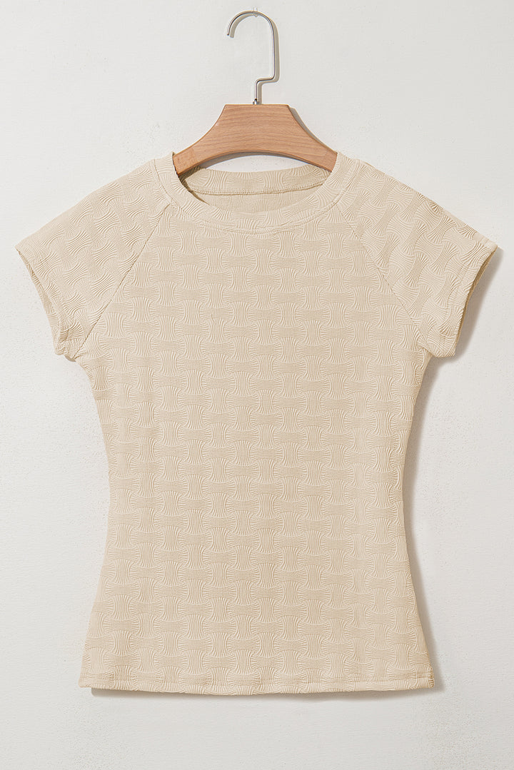 Beige Textured Crew Neck Cap Sleeve Slim Stretchy T Shirt
