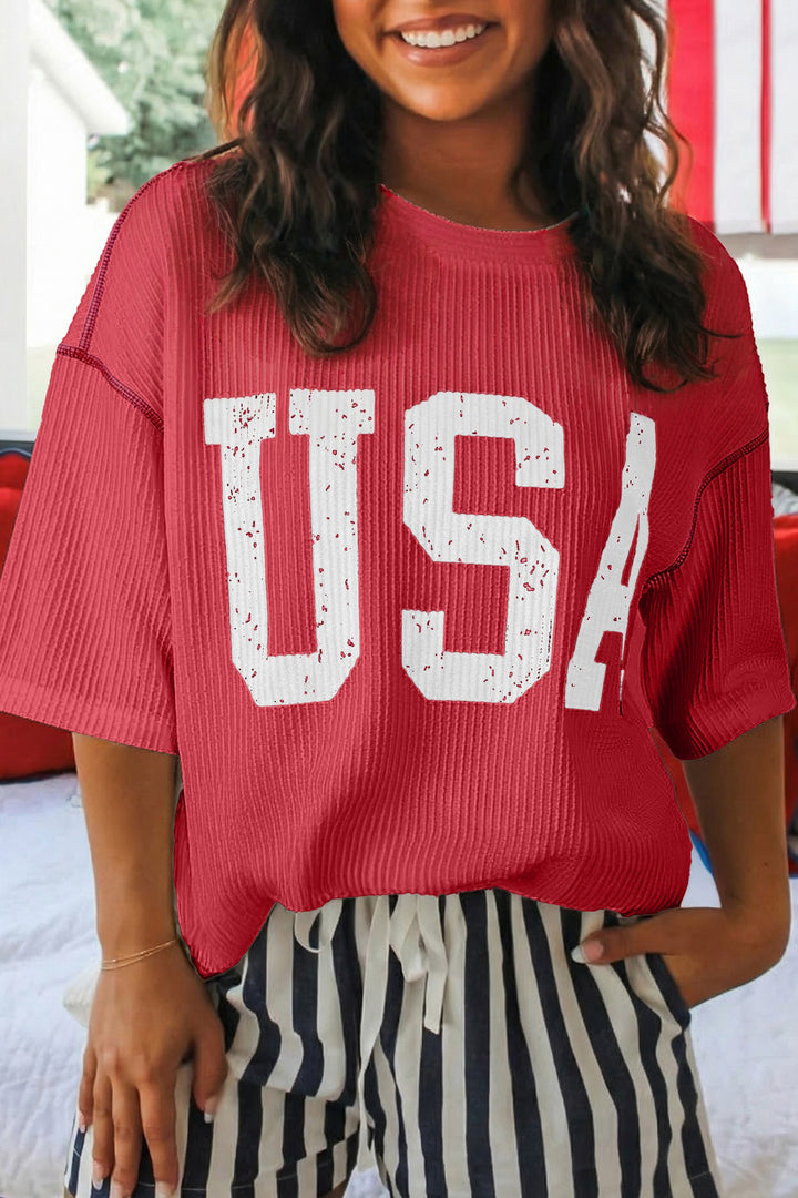 White USA Graphic Half Sleeve Loose Ribbed Top