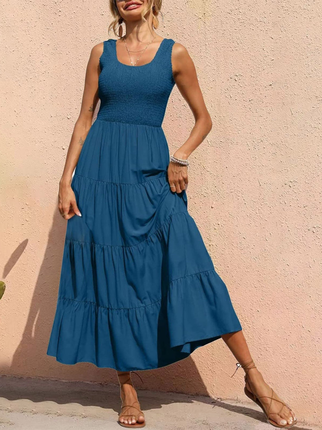 Smocked Tiered Midi Dress with Wide Straps