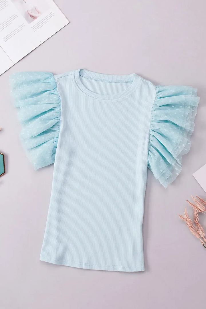Ruffled Round Neck Cap Sleeve Top