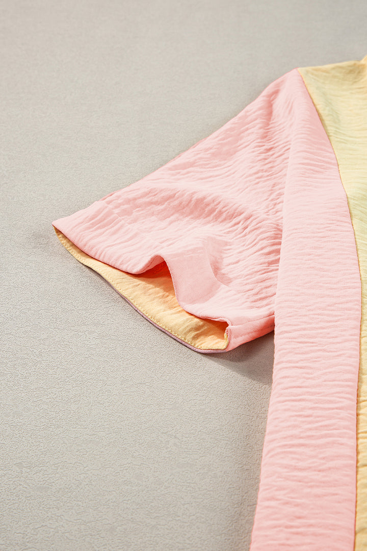 Apricot Crinkled Colorblock Patchwork V Neck T Shirt