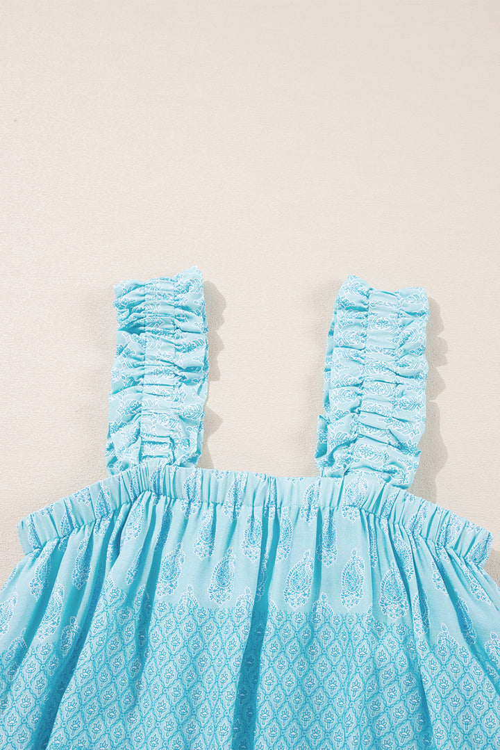 Sky Blue Tribal Pattern Print Ruffled Wide Straps Loose Tank Top