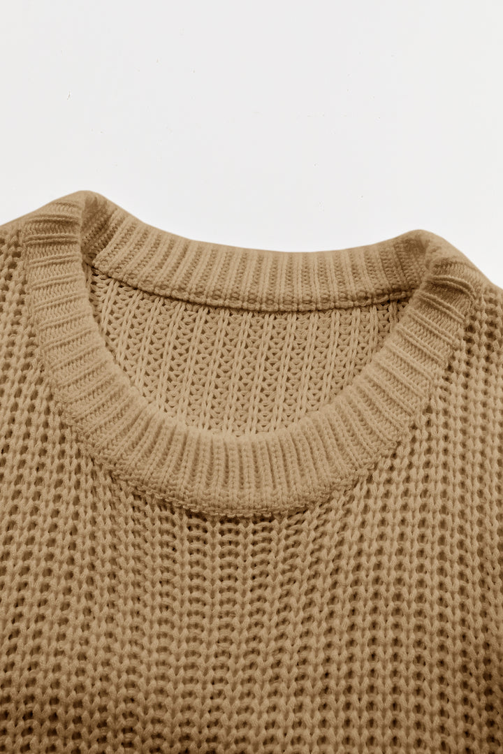 Khaki Ribbed Knit Round Neck Slouchy Chunky Sweater